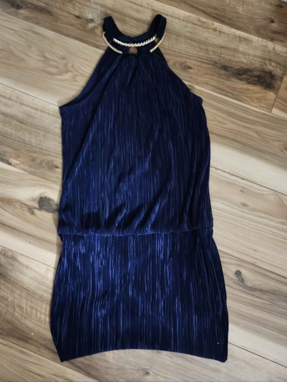 Laundry By Shelli Segal Navy One-Shoulder Pleated Dress with Gold Accent